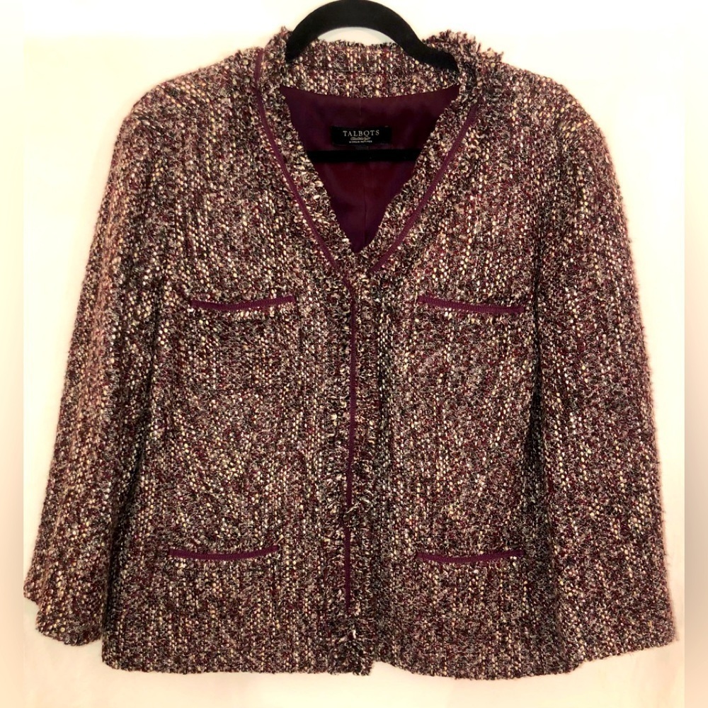 Talbots Jacket Blazer Womens Size 16P Woman Petite Tweed Burgundy Fringe